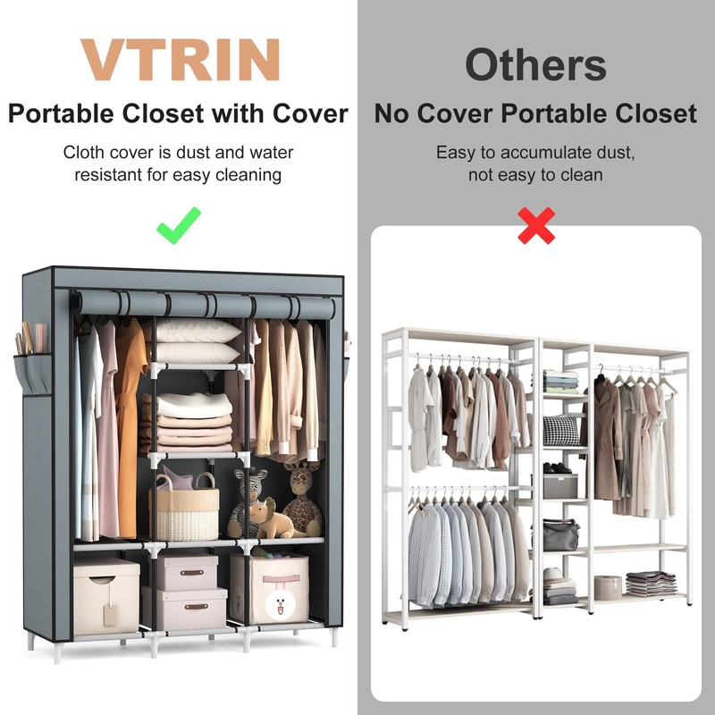 VTRIN Portable Closet Wardrobe for Hanging Clothes with 2 Hanging