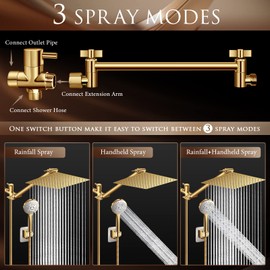 10" Gold Shower Head with Handheld, 5 Spray Handheld with 11" Extension Arm
