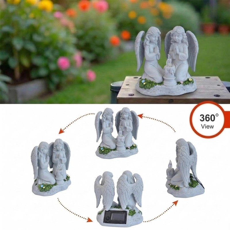 Solar Powered Twin Angel Garden Statue 6.49 Inch - Waterproof