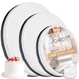 BOARDS+ BOARDS+ 9 Pack Cake Board Drums in 3 Sizes (8, 10, 12 Inch) & in 3 Colors (White, Silver, Black) | 1/2" Thick Cake Rounds Sturdy & Greaseproof | Free Prop Up Tools | Perfect for Heavy/Tiered Cakes