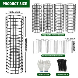 All-Metal Tree Trunk Guard, 4 Pack Mesh Protectors With Zip Ties, Glove & Metal Stakes - Protect Bark & Saplings From Mowers, Deer & Other Animals