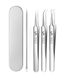 DWUENT 4-Piece Professional Blackhead Tweezers Kit - Stainless Steel Pimple Popper Tools with Precision Angles for Sensitive Skin & Blemish Removal, Portable Acne Treatment Set (Silver)
