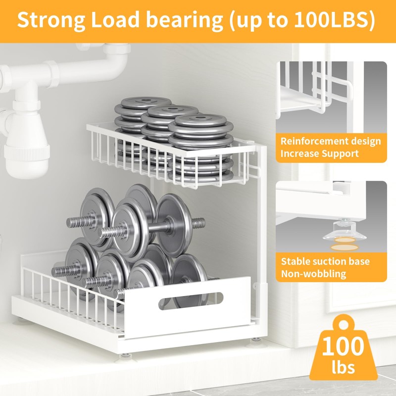 2 Pack Under Sink Organizer Storage 2-Tier Premium Metal Pull-Out
