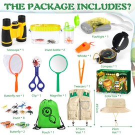 MOYKSRR Explorer Set for Children, Outdoor Explorer Toy Set, Researcher Set for Children from 6 with Safari Costume Vest, Hat, Binoculars for Children, Cup Magnifier - Exploration Toy for Camping