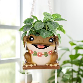 GUGUGO Swing Frog Hanging Planters for Indoor Plants, Cute Small Plant Pots with Drainage Hole, Unique Decorative Succulent Planters for Home Decor, Funky Funny Wall Decor Gardening Gift, Brown