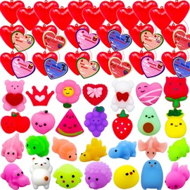 VEALIZUU 28 Packs Valentines Day Cards Gifts with Cute Mochi Squishy Toys Filled Hearts Box for Kids Valentines School Classroom Exchange Gift, Valentines Party Favors, Valentines Basket Stuffers