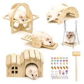 Pack of 5 Wooden Hamster Toys, Hamster Hideout House DIY Bridge Seesaw Swing and Training Toy Cage Decor Accessories Hamster Playground for Gerbils, Rats and Dwarf Hamsters
