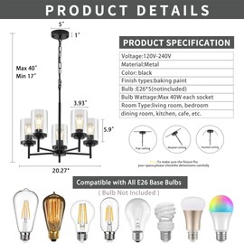 YUEMZS 5-Light Chandelier for Living Room Kitchen Modern Farmhouse Pendant Lighting Industrial Black Hanging Ceiling Light Fixture for Foyer Dinning Room, Black Pendant Ceiling Light Hanging
