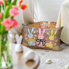AVOIN colorlife Easter Bunny Three Rabbits Throw Pillow Cover, 18 x 18 Bowknot Easter Eggs Flowers Cushion Case Decoration for Sofa Couch