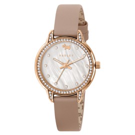 RADLEY Womens Rose Gold Plated Stone Set Mother of Pearl Cobweb Pink Leather Strap Analogue Watch