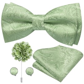 Dubulle Sage Green Paisley Bow Tie and Lapel Pin for Men Floral Mens Pretied Bowtie Set Pocket Square Cufflinks Wedding