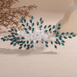 Lenjicons Vintage Flower Leaf Rhinestone Hair Comb Teardrop Rhinestone Hairpiece Silver Gold Wedding Hair Comb Handmade Rhinestones Headpiece for Wedding Women (silver peacock green)