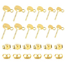 12Pcs Gold Earring Posts with Loop, 3/4/5mm Flat Studs Earring Hook Hypoallergenic 925 Sterling Silver Earrings Findings Butterfly Backs Supplies Set Gold Ear Studs Posts for Earrings Jewelry Making
