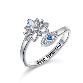 DAOCHONG Lotus Evil Eye Moonstone Adjustable Open Rings 925 Sterling Silver Engraved "Just Breathe" Statement Ring Jewellery Gifts for Women, Sterling Silver, Moonstone