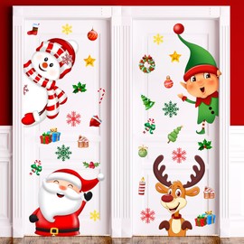 Christmas Door Sticker Decorations Winter Christmas Snowman Santa Elk Door Clings Removable Seasonal Glass Door Stickers with Snowflake Decals for Window Door Refrigerator Christmas