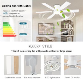 iacaf 52inch Low Profile Ceiling Fan with Light and Remote/APP Control, LED Dimmable DC ReversibleModern, Flush Mount,6 Blade,White Ceiling Fan for Bedroom Living Room/Outdoor Use
