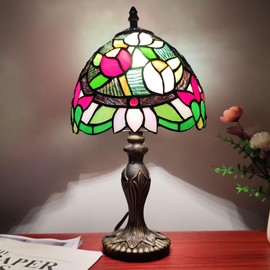 XPHMXP Tiffany Table Lamp Red Pink Tulips Stained Glass Desk Lamp Vintage Bedside Lamp Included 3-Way Dimmable LED Bulb for Home Living Room Nightstand Bedroom Office