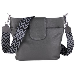 MIRROSI® Women's Shoulder Bag, Genuine Leather, Made in Italy, Boho Style, 30 x 24.50 x 9 cm (W x HXT), Lots of Storage Space, Handbag, Chest Bag, Crossbody Bag (1 Bag & 2 Straps), Dark Grey