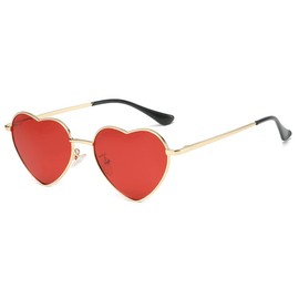 RUNHUIS Polarised Heart Shape Sunglasses Women Men Hippie Glasses Vintage Love Sunglasses for Festival Party Gold Metal Frame with UV400, Gold/Red