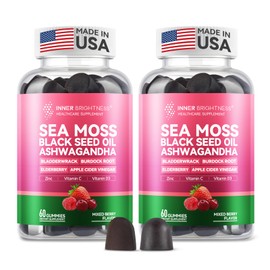 Inner Brightness Irish Sea Moss Gummies with Ashwagandha, Elderberry, Apple Cider Vinegar, Bladderwrack, Burdock Root & Black Seed for Immune Support – Mixed Berry Flavor, 2 Pack