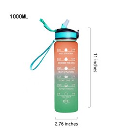 Cteryuisd 32oz water bottle with straw, motivational water bottle with time marker and removable straw, leak-proof water bottle for school, fitness and sports. (Orange and green gradient)