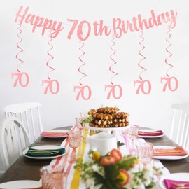 bng-bng 70th Birthday Party Decorations Rose Gold Happy 70th Birthday Bunting Banner With Hanging Swirls Streamers for Women Birthday Anniversary Party Decor Supplies
