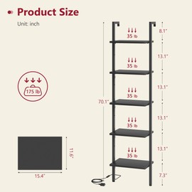 Tajsoon 5 Tier Ladder Shelf with Light, Wooden Wall Mounted Book Shelf, Ladder Bookshelf with Metal Frame, Wall Mounted Ladder Bookshelf for Office, Living Room, Bedroom, Black