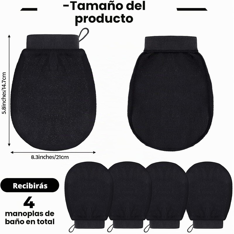 Guantes Exfoliantes Tatuo 4 Piezas Color Negro para Baño y
