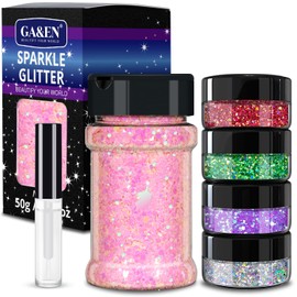 Holographic Chunky Glitter 50g Pink+8g*4 Body Glitter with Multi-Shapes Silver+Magic Purple+Red+Green Sparkle Glitter for Body Face Eye Hair Makeup Glitter for Resin+Quick Dry Makeup Glue