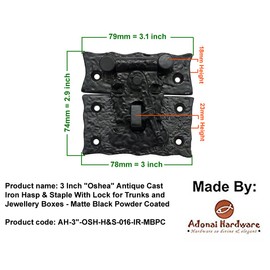 Adonai Hardware 3 Inch"Oshea" Antique Cast Iron Hasp & Staple with Lock for Trunks and Jewellery Boxes (Supplied as 2 Pieces per Pack) - Matte Black Powder Coated