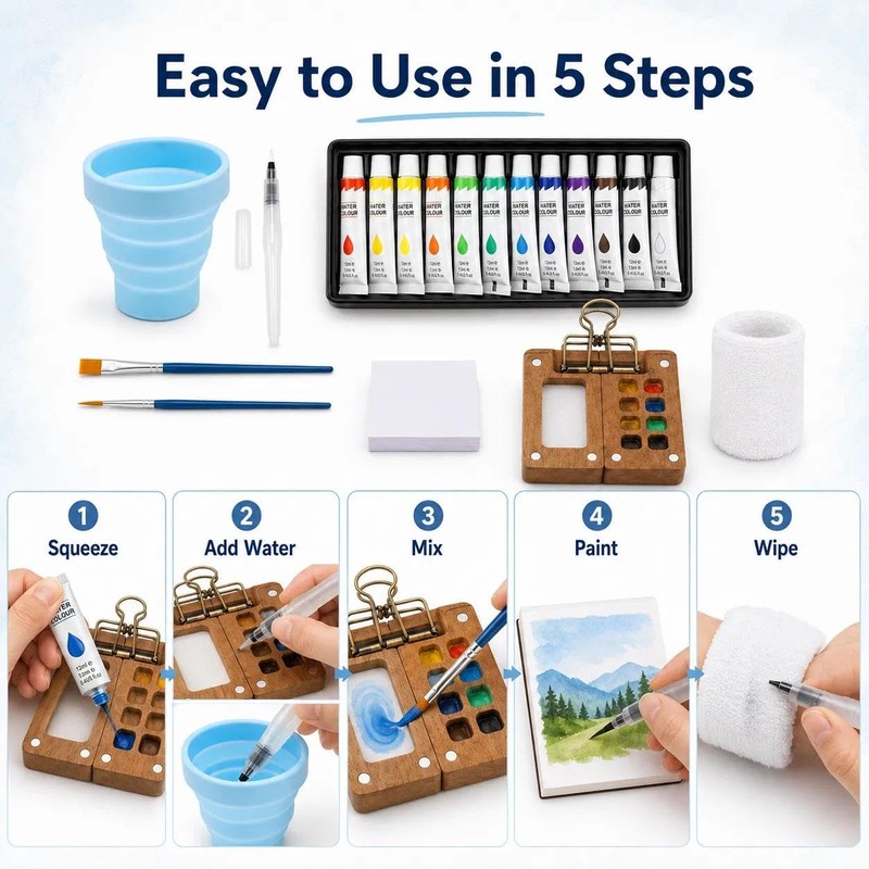 9PCS Travel Watercolour Set,Mini Watercolour Paint Set Travel WoodenPalette