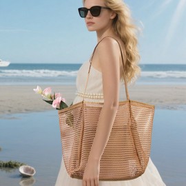 RNIEGA Tote Beach Bags for Women Summer Travel Mesh Pool Bag with Zippered Inner Pocket Sandproof Woven Shoulder Handbag