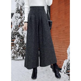 chouyatou Women's Winter High Waist Wide Leg Plaid Wool Blend Palazzo Capri Pants Culottes with Pockets (Small, Dark Gray)