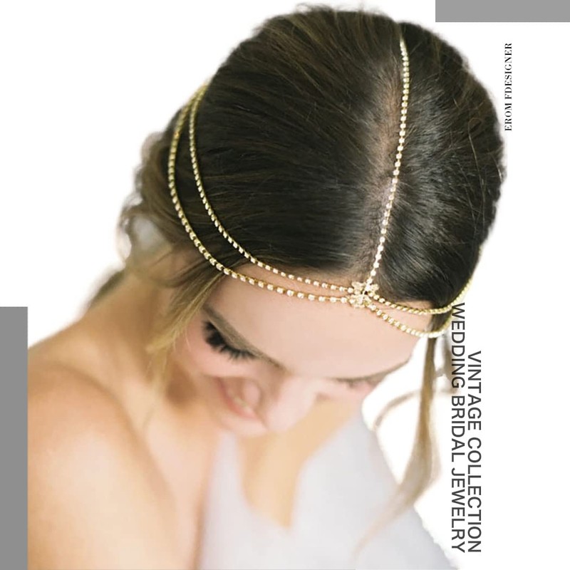 Fdesigner Cadena para cabeza de cristal para boda, estilo boho,