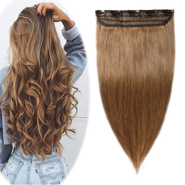 100% Real Hair Extensions Clip in Remy Human Hair 16" 50g One-piece 5 Clips Long Straight Hair Extensions for Women Gift Wide Weft Soft Silky #6 Light Brown