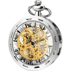 SIBOSUN Steampunk Transparent Open Face Pocket Watch for Men Women Silver Skeleton Dial with Chain + Box