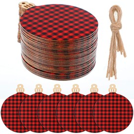 96 Pieces Christmas Wood Slice Twine Ornament Set, 48 Pieces Buffalo Plaid Predrilled Wood Slices 48 Pieces Twine Round Wooden Discs with Holes for Holiday Hanging Embellishments,Christmas DIY Crafts