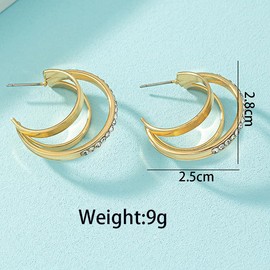 Triple-Layer Crystal Hoop Earrings, Gold Plated, Rhinestone Accents, Large, Zinc, Cubic Zirconia