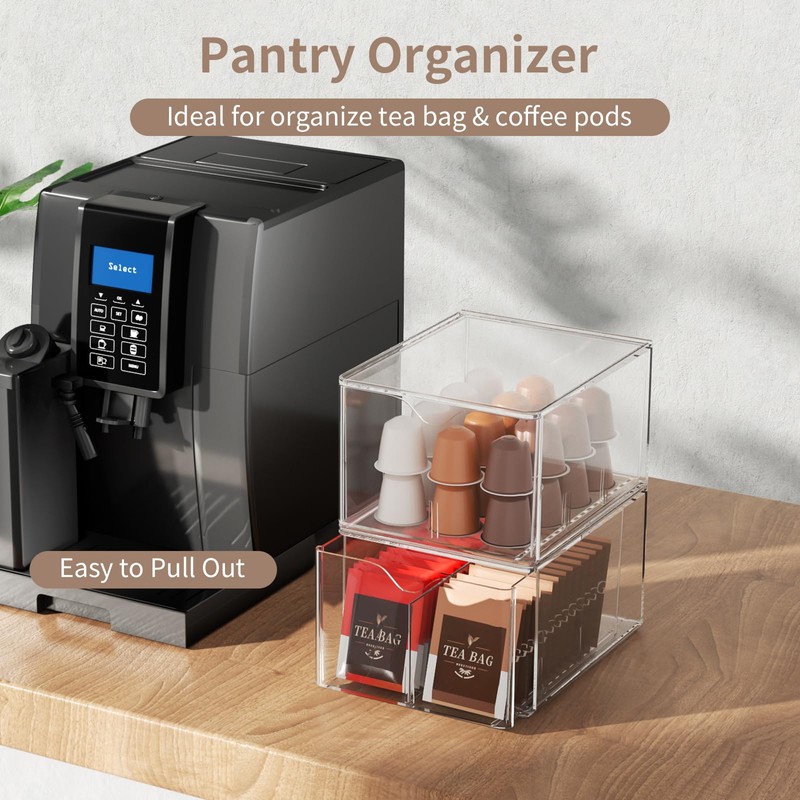 2 Pack Clear Tea Bag Organizers with Adjustable Dividers, Stackable