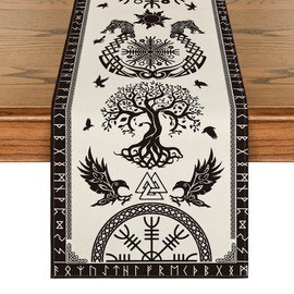 Artoid Mode Beige Viking Tree of Life Raven Helmet of Awe Table Runner, Seasonal Kitchen Dining Table Decoration for Home Party Decor 13x36 Inch
