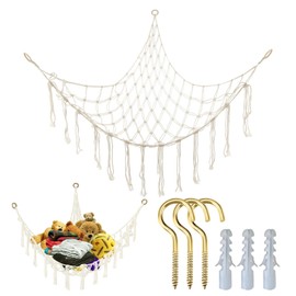 YIWONFU Cuddly Toy Storage Net with Tassel, Boho Hammock Cuddly Toy Net with 3 Hook Sets, Cuddly Toy Net Hanging for Plush Toys, Dolls, Balls, Blankets and Cushions (Beige, 100 x 100 x 136 cm)