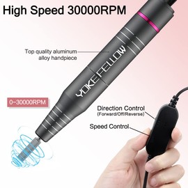 YOKEFELLOW Protable Electric Nail Drill,USB Efile Professional 30000RPM Manicure Electrical Nail File Polishing Tools for Drill Bits Cuticles Acrylic and Gel Nails Pedicure Machine Kit Gray