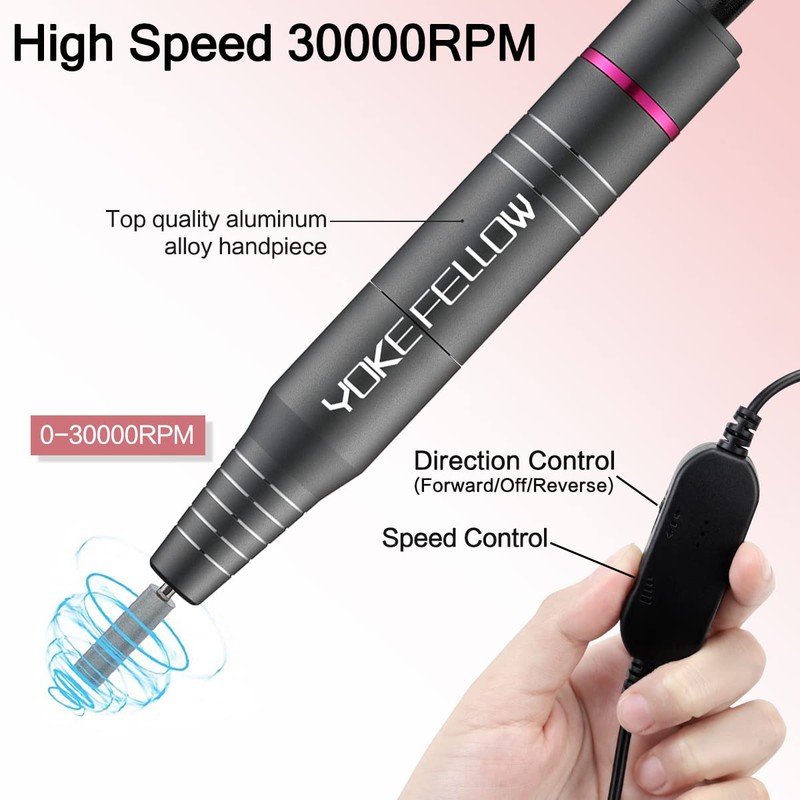 YOKEFELLOW Protable Electric Nail Drill,USB Efile Professional 30000RPM Manicure Electrical