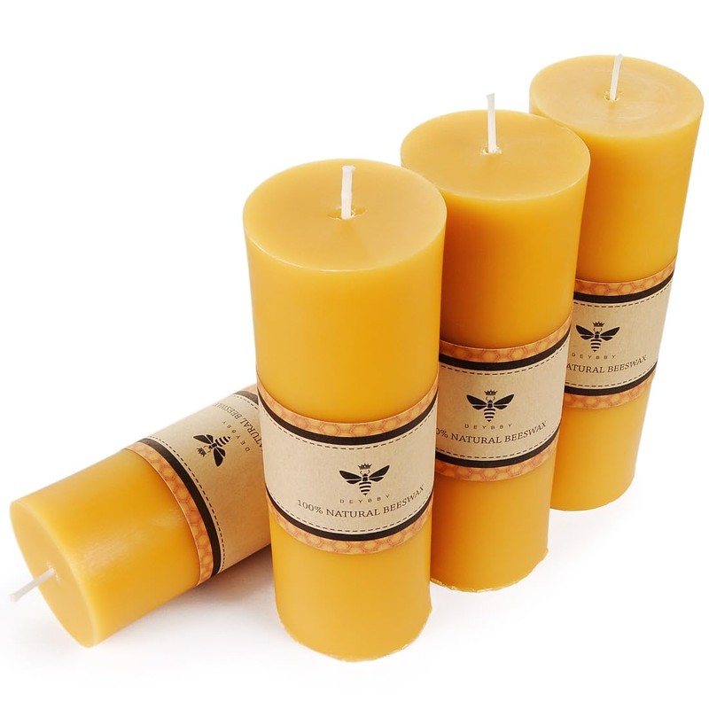 Yellow 2x6 inch Natural Beeswax Pillar Candles Set of 4