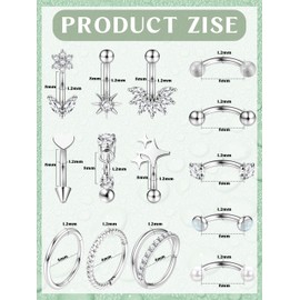 Milacolato Rook Eyebrow Piercings Gold Silver Eyebrow Piercing Stainless Steel Curved Barbel Nose Piercing Septum Daith Conch Ring 16G Piercing Ear Banana Jewellery 8 mm Pack of 14, Stainless Steel