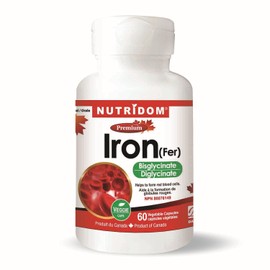 Nutridom Iron Bisglycinate 27 mg, Iron Supplement for Women & Men | Non-GMO, Vegan, Free of Gluten, Soy, Dairy, Made in Canada (60 Vegetable Capsules)