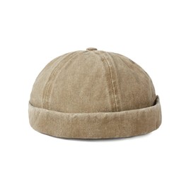 Nanwansu Retro Cotton No Brim Hat Adjustable Rolled Cuff Brimless Beanie Skull Cap Khaki