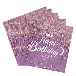 Happy Birthday Napkins, Pack of 40, Purple Diamond Birthday Napkin, Table Decoration, Party Decorations for Napkins, Children's Birthday, Woman, Girls, Birthday Party Decoration, 33 x 33 cm (Purple)