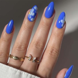 Medium Press On Nails Almond Fake Nails Blue False Nails With Flower Design Floral Press Ons Acrylic Nails Full Cover Artificial Nails Glossy Glue On Nails Spring Stick On Nails For Women 24pcs