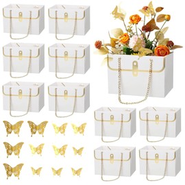 ZFCZR 10 Pcs Paper Flower Bags and 12Pcs 3D Gold Butterfly Decor-Flower Gift Boxes Sets, Bouquet Bags for Arrangements Wedding Valentine's Mother's Day Birthday(White/5.94''×3.94"×4.13")